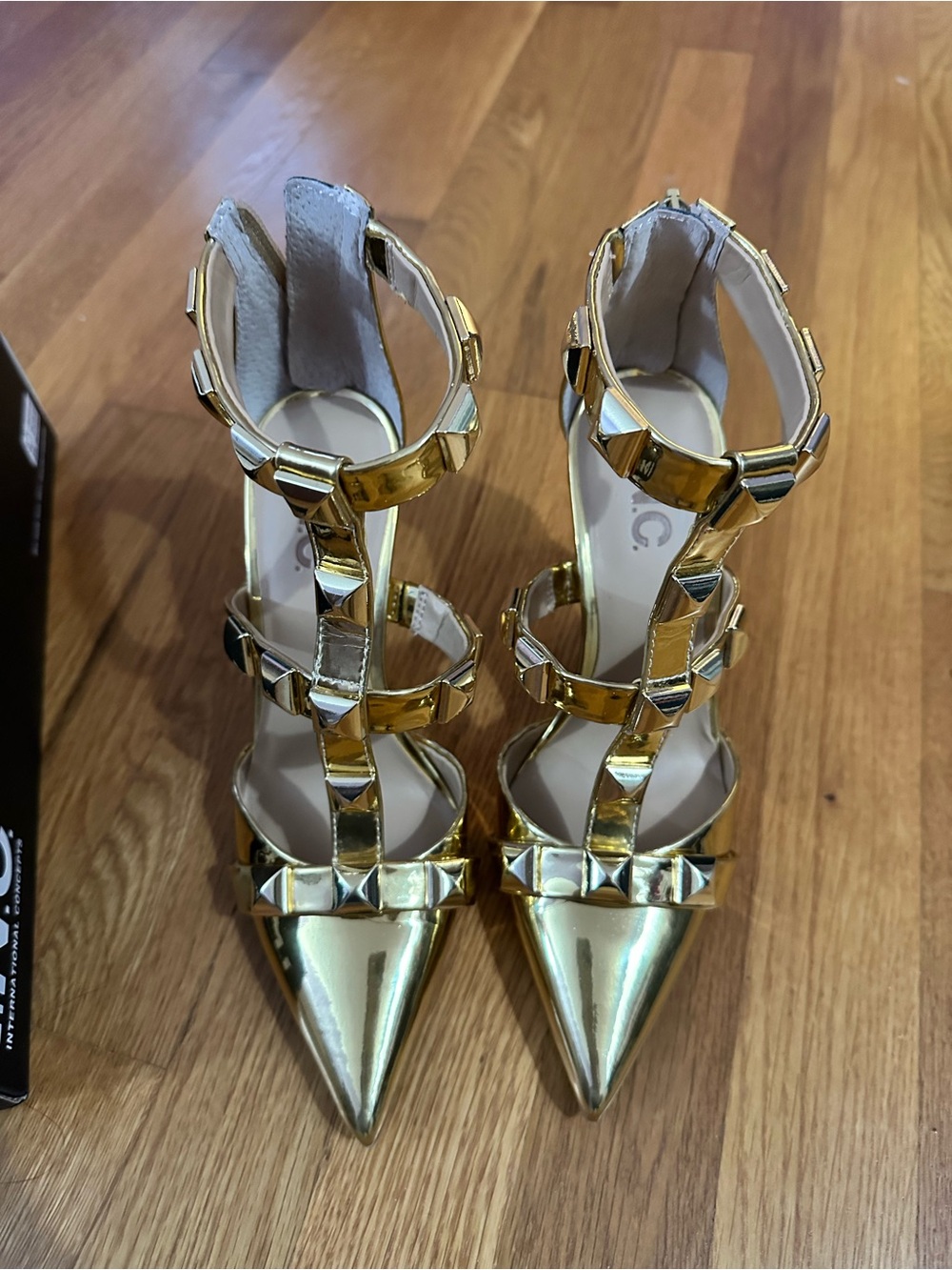 INC International Concepts Metallic Gold Studded Pointed-Toe Strappy Heels